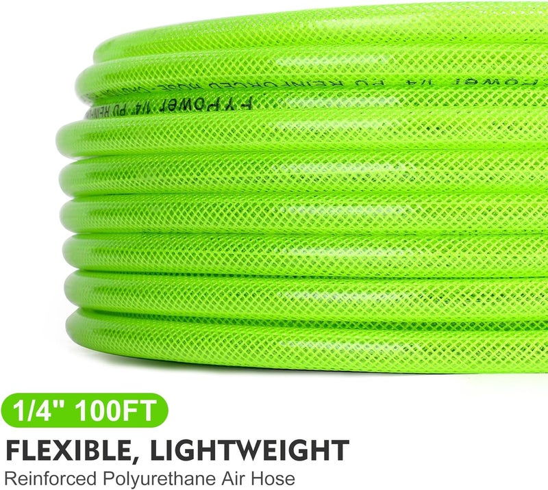 FYPower Air Compressor Hose 1/4 Inch x 100 Feet Reinforced Polyurethane (PU) Air Hose with Fittings, Bend Restrictors, 1/4" Industrial Quick Coupler and Plug Kit, Green - Image 2